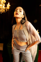 Grey Embroidered Cape Co-Ord Set - Sila Atelier