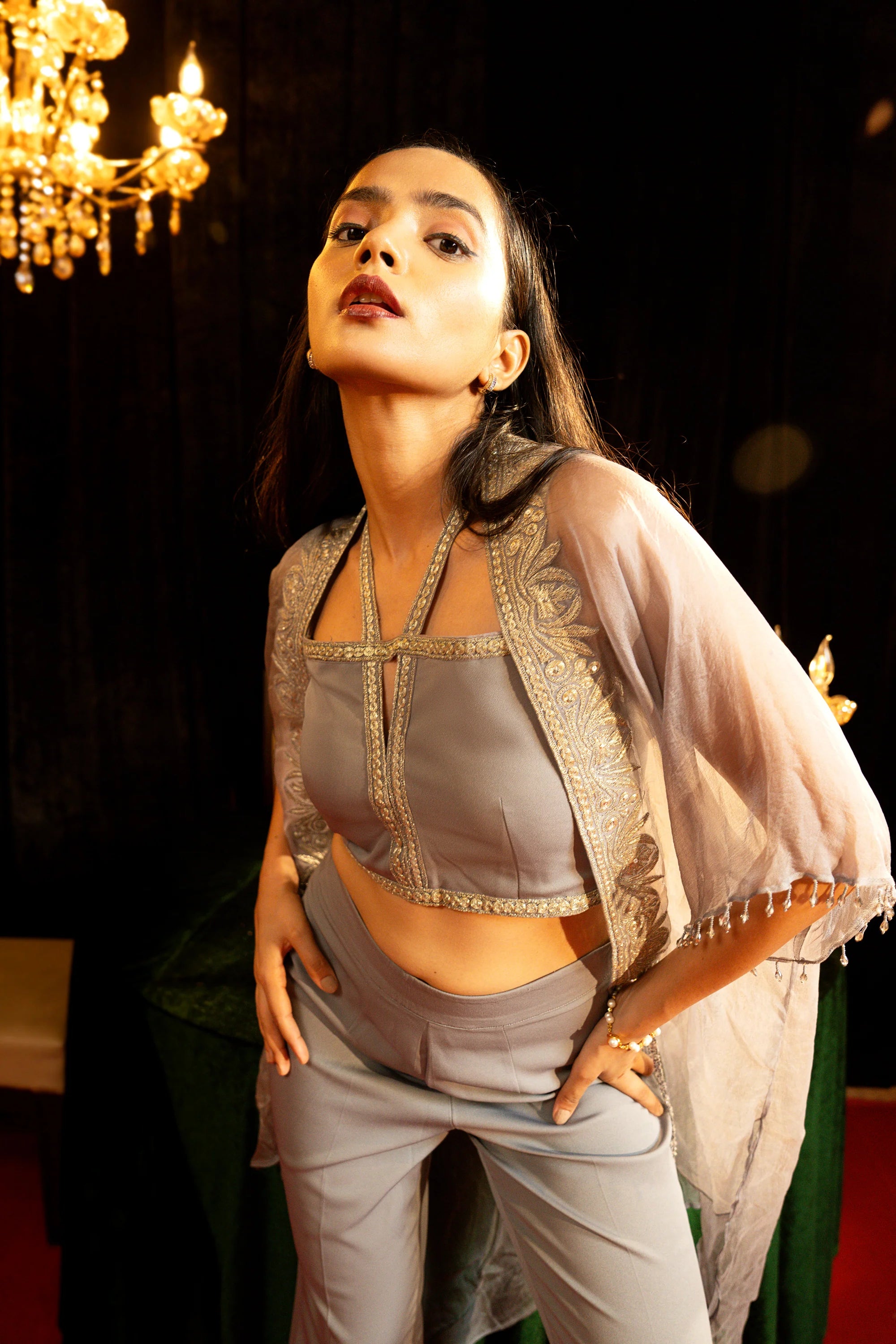 Grey Embroidered Cape Co-Ord Set - Sila Atelier