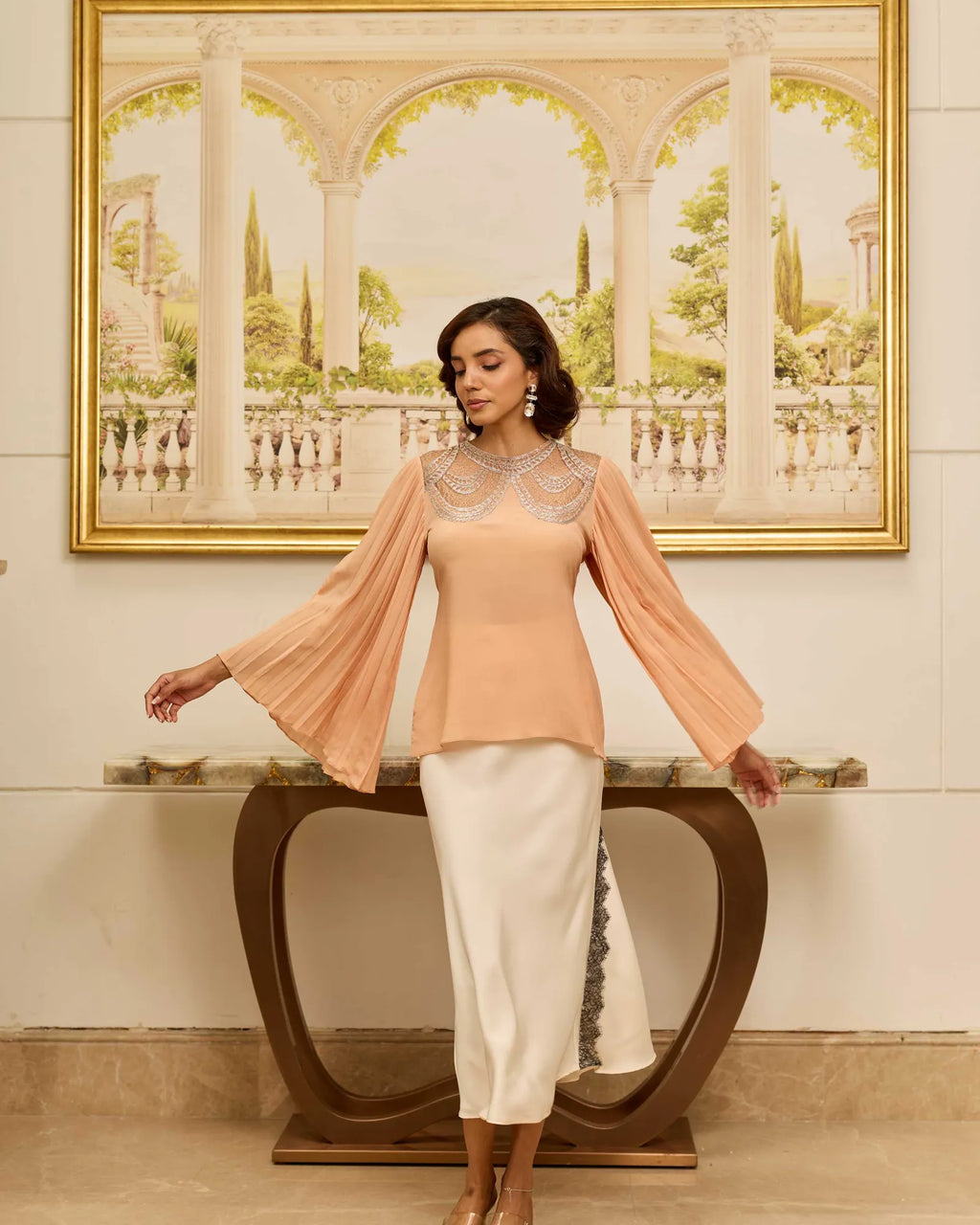 Grace Salmon Peach and Silver French Lace Crepe Top