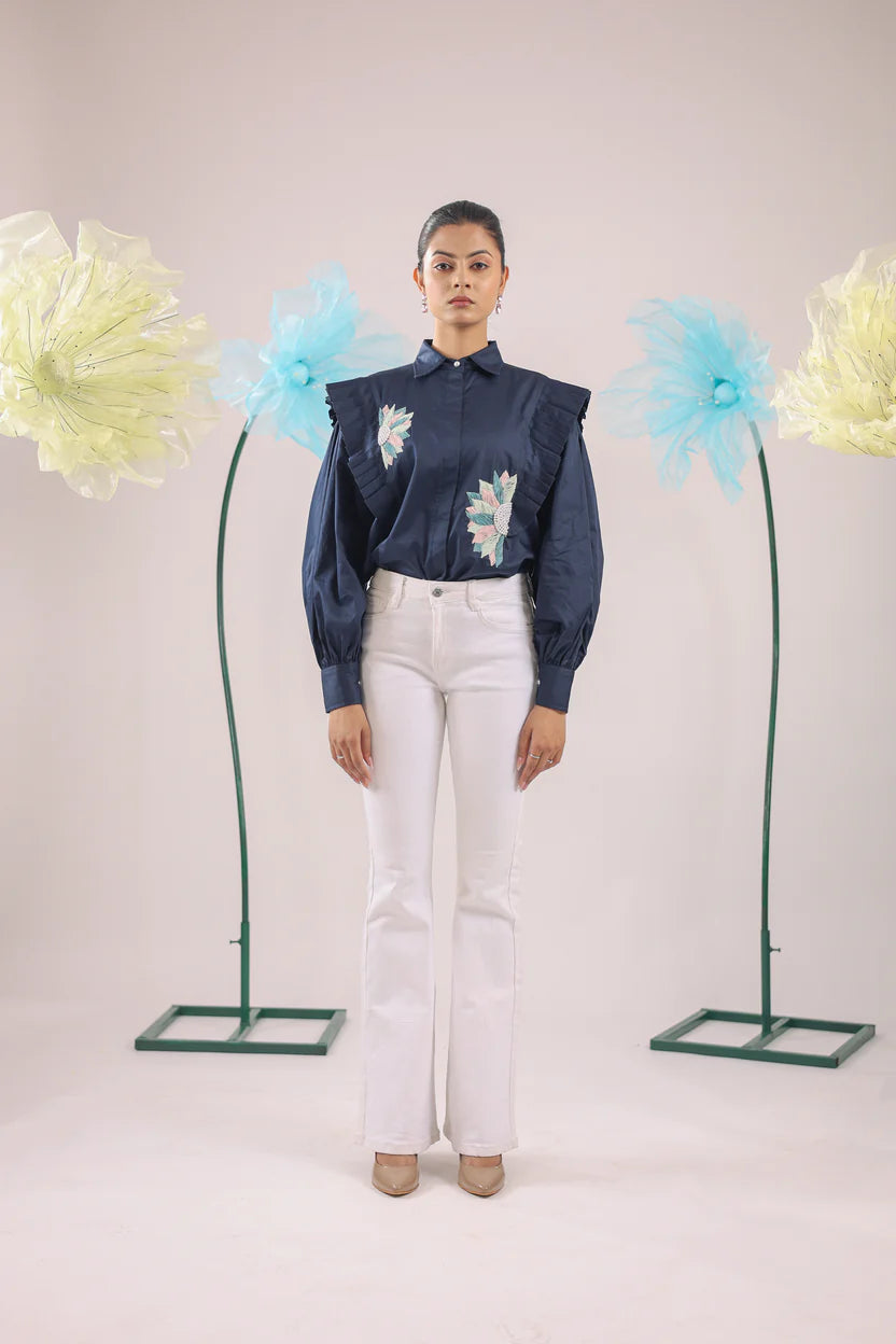 THE NAVY BLUE FLORAL PLEATED COTTON SHIRT - BeyondStiches