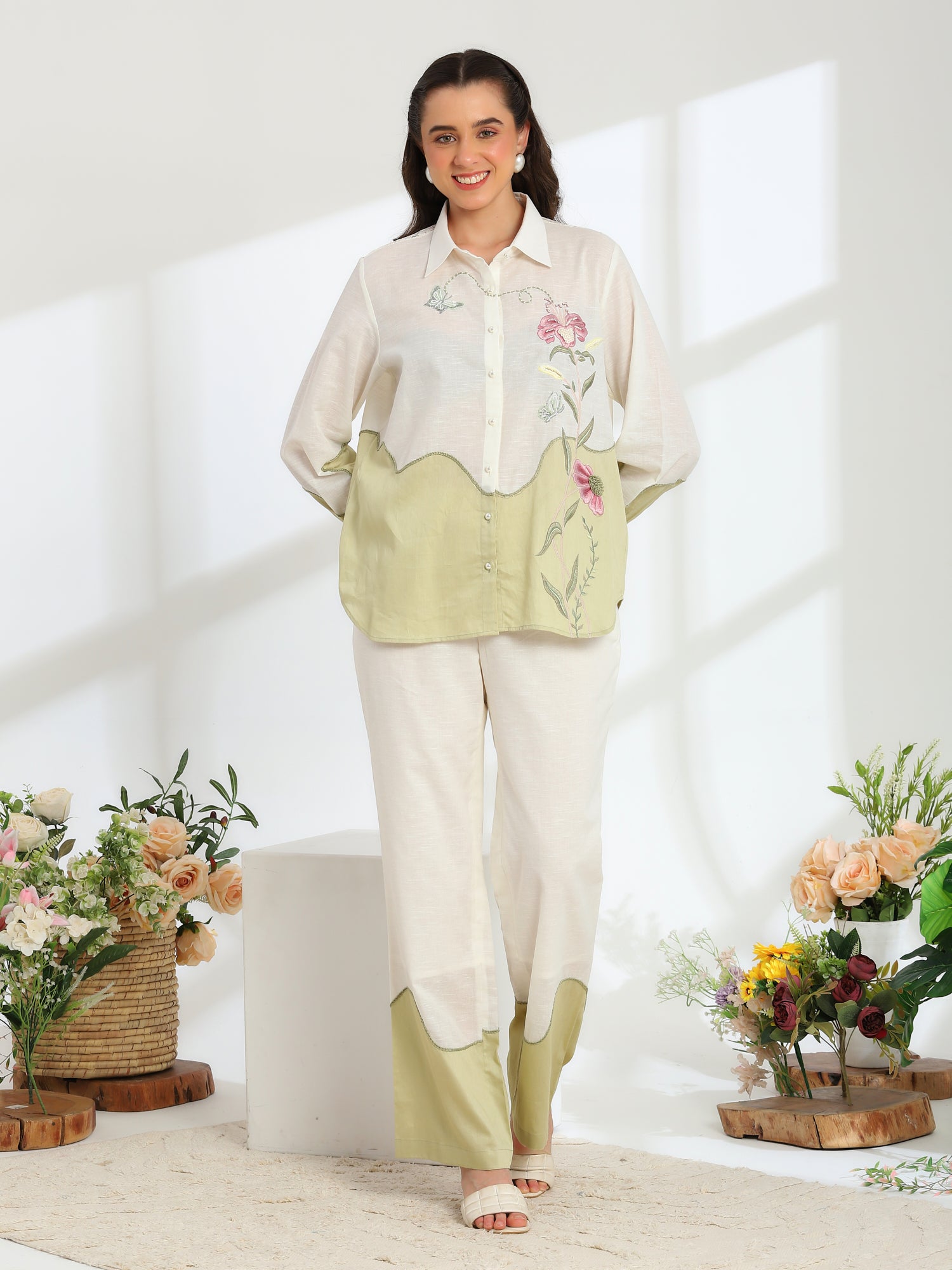 Ether Sage Green Embroidered French lace Silk Linen Co-ord Set