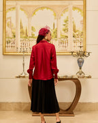 Amulet Cherry Red French Lace Panel Hand Embellished Twill Silk Shirt