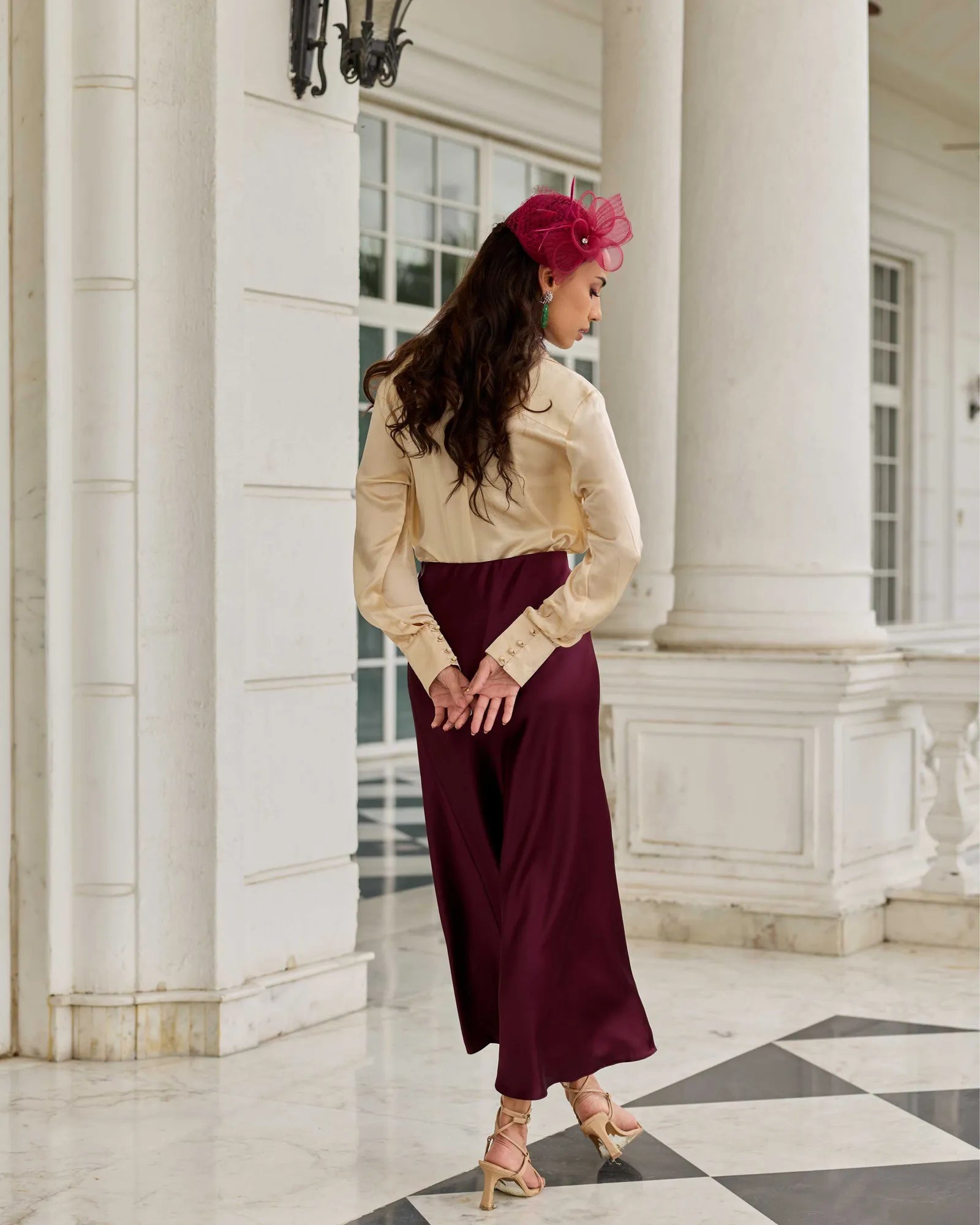 Silken Promise Beige Lace Accented Potli Button Satin Silk Top