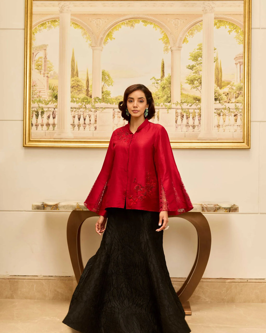 Golden Echo Cherry Red Hand Embroiderred French Lace Dupion Silk Shirt