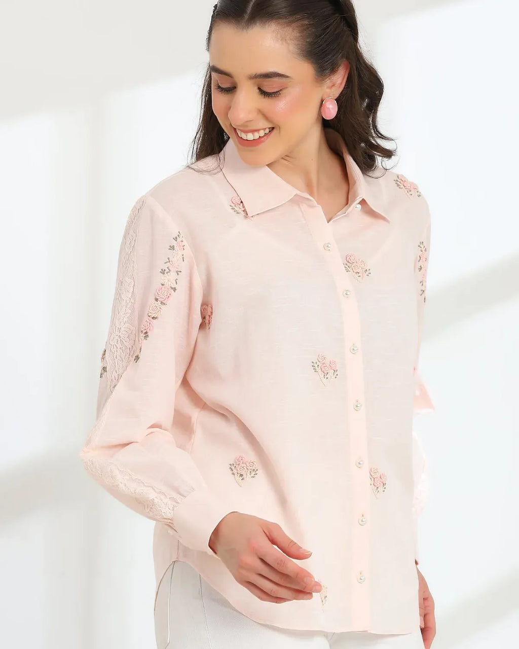 Pink Rose Blush Embroidered French lace Silk Cotton Shirt