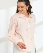 Pink Rose Blush Embroidered French lace Silk Cotton Shirt
