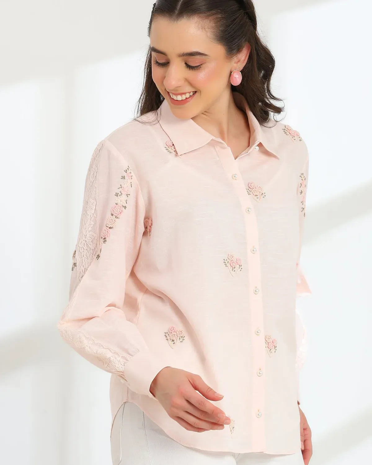 Pink Rose Blush Embroidered French lace Silk Cotton Shirt