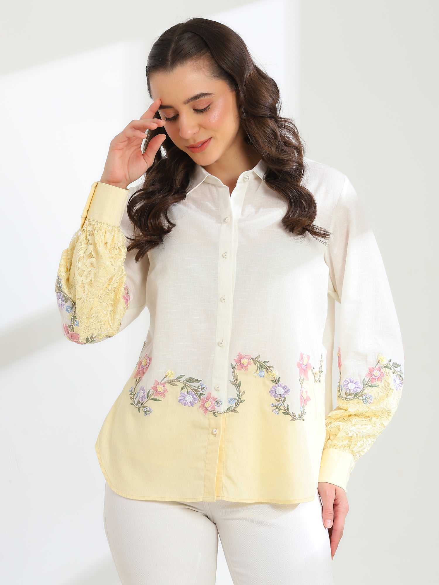 Sunlit  Yellow Garden Embroidered French lace Silk Linen Shirt