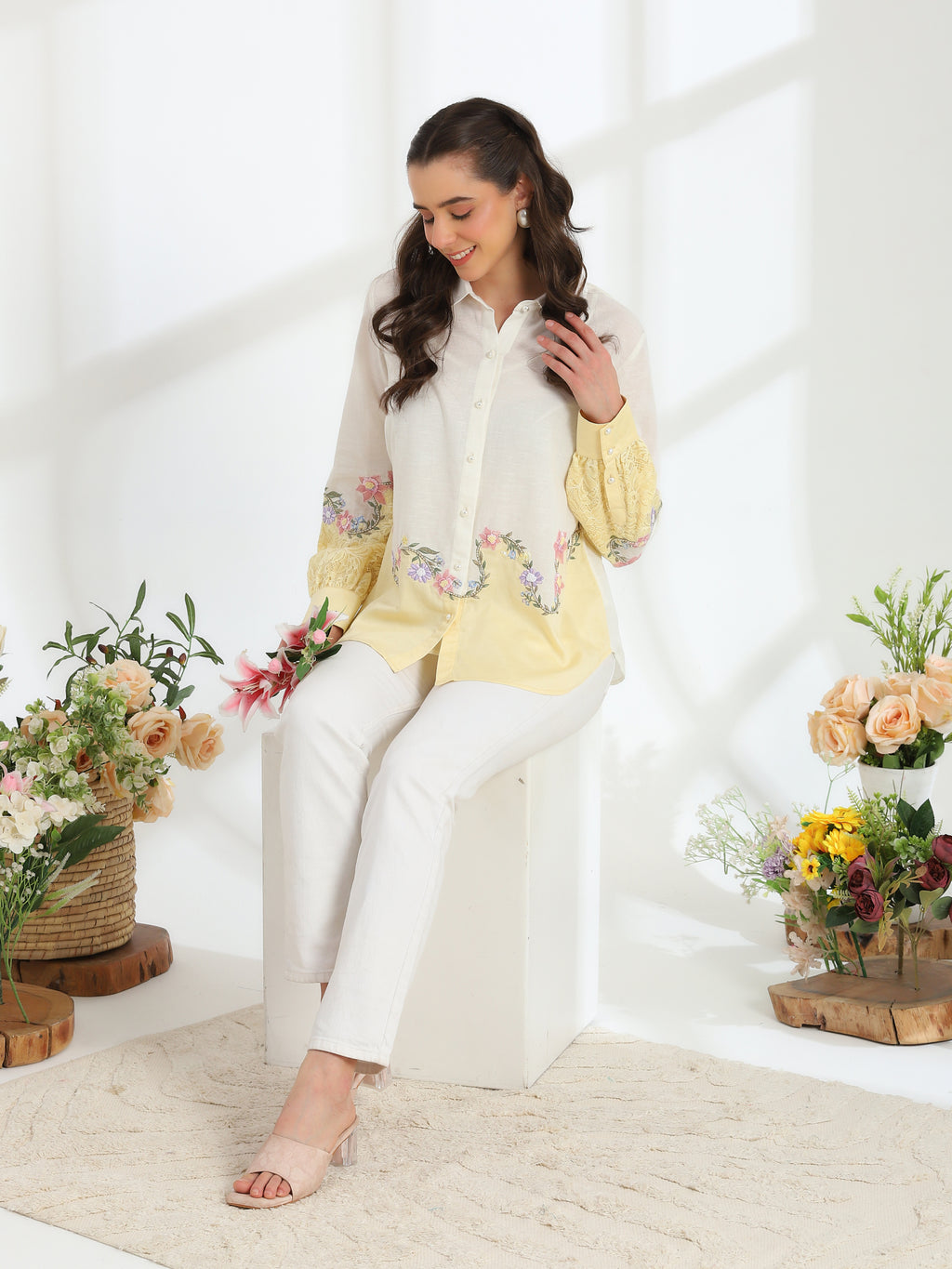Sunlit  Yellow Garden Embroidered French lace Silk Linen Shirt - Dareiss