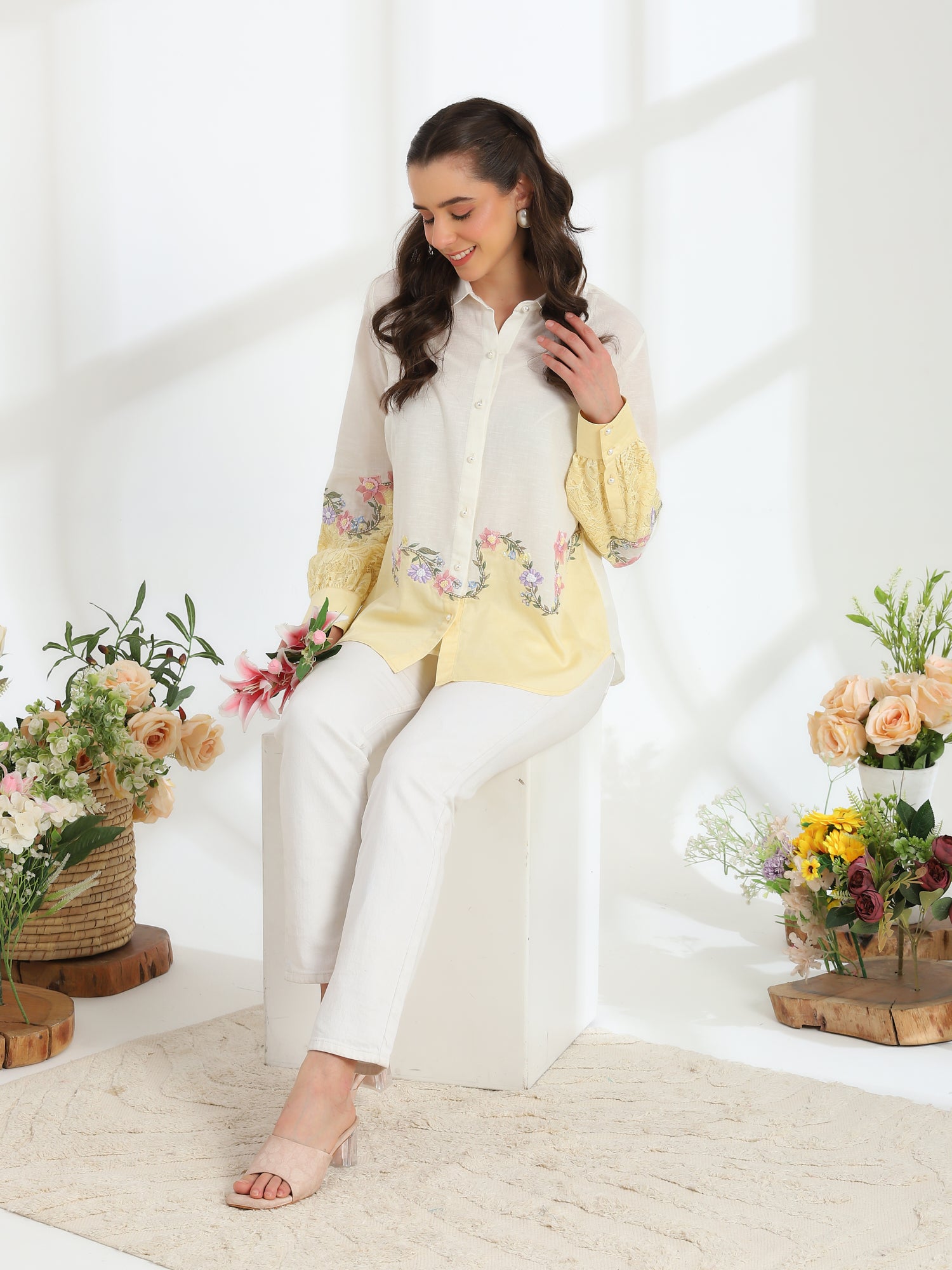 Sunlit  Yellow Garden Embroidered French lace Silk Linen Shirt - Dareiss