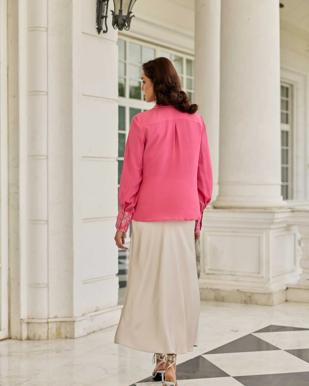 Thistle Fuchsia Pink Cutdana Embroidery French Lace Shirt