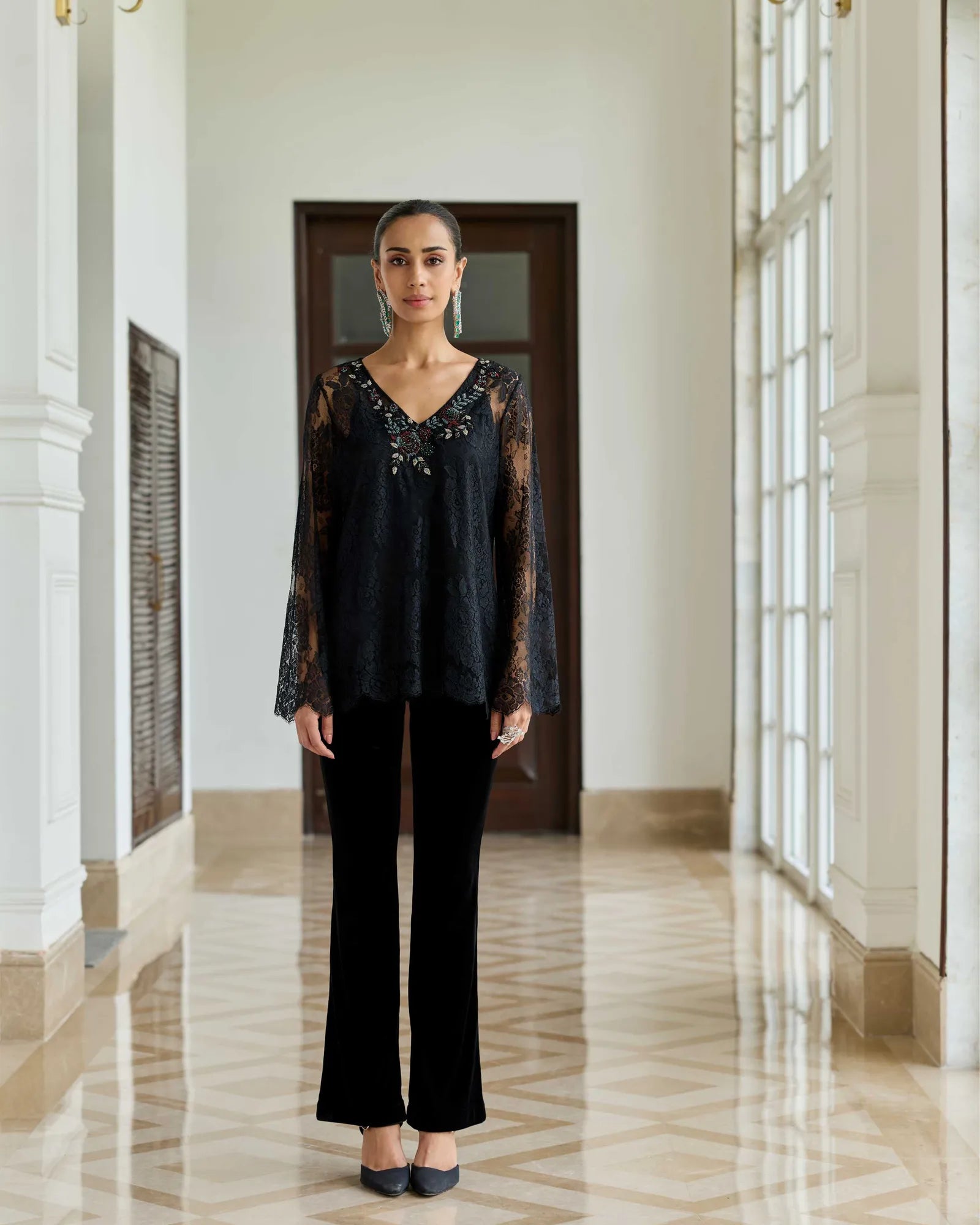 Scepter Classic Black French Chantilly Lace Beaded Embroidery Top
