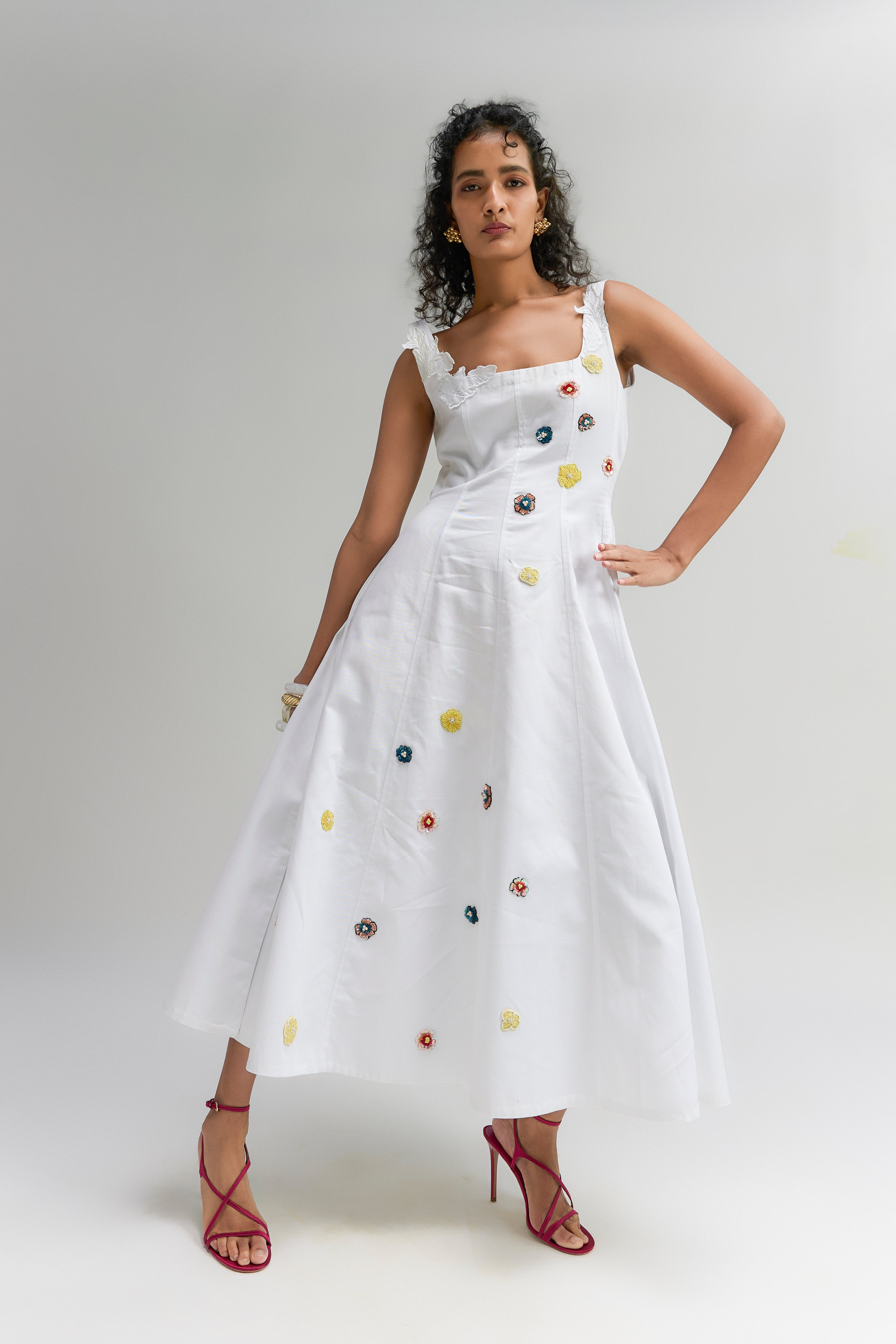 White lyla twill cotton embroidered Midi dress