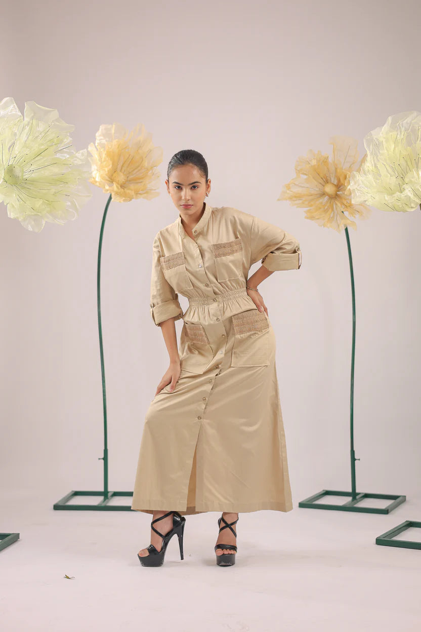 The brown beige midi cotton dress with pockets