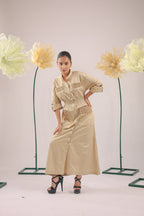 The brown beige midi cotton dress with pockets