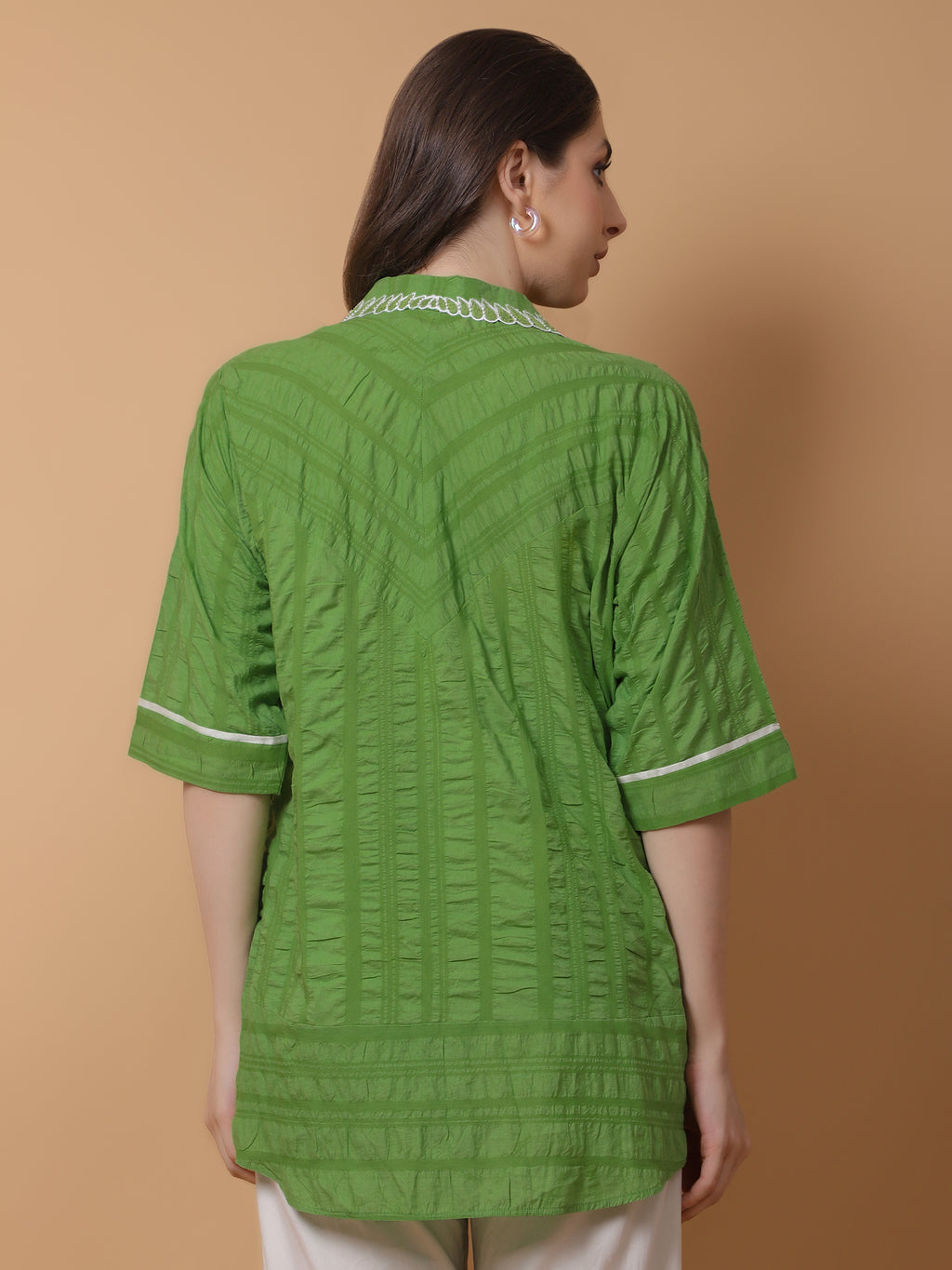 Green Cotton Crushed Embroidered Shirt - Gagan Vohra