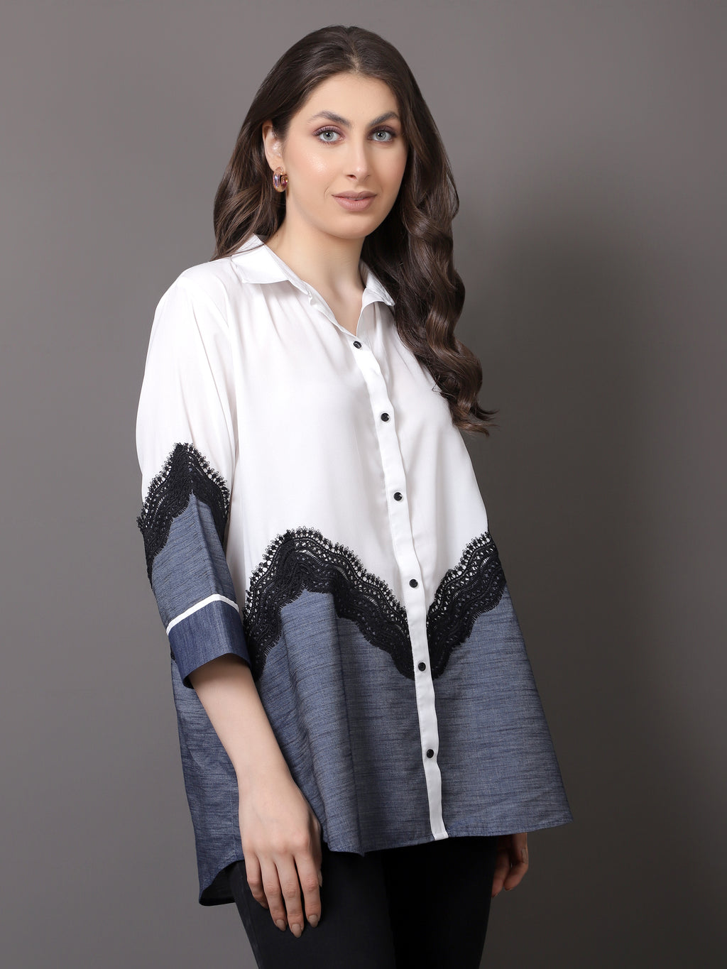 White Georgette and denim shirt with lace detailing