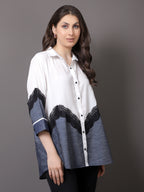White Georgette and denim shirt with lace detailing