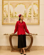 Crimson Bloom Red Hand Embroidered French Lace Habotai Silk Shirt