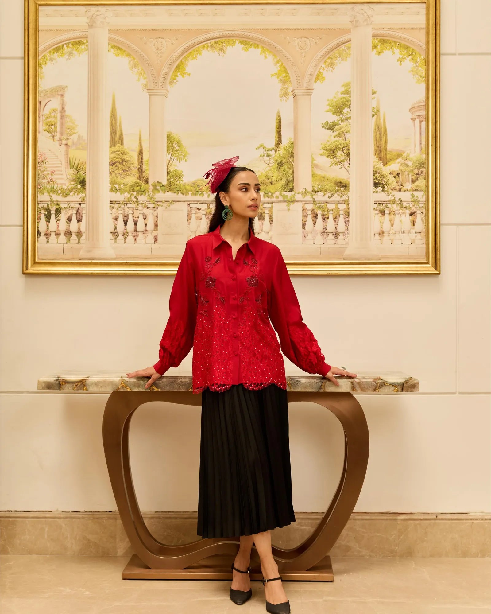 Crimson Bloom Red Hand Embroidered French Lace Habotai Silk Shirt