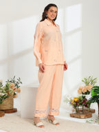 Spring Peach Hand Embroidered French lace Silk Co-ord Set