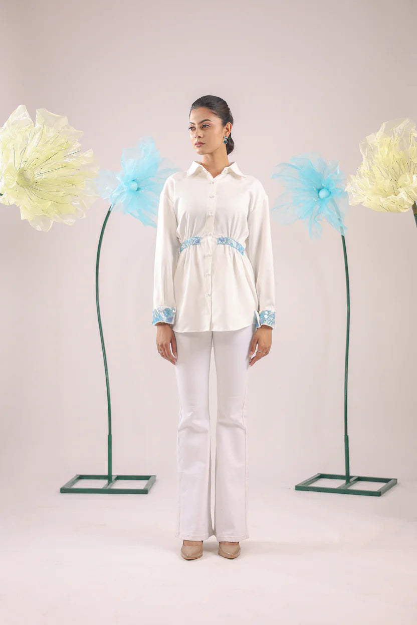 THE WHITE GATHERED CRAPE SHIRT WITH SKY BLUE EMBELLISHMENT