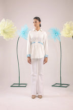 THE WHITE GATHERED CRAPE SHIRT WITH SKY BLUE EMBELLISHMENT