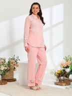 Pink Rose Garden Hand Embroidered French lace Mul Linen Co-ord Set