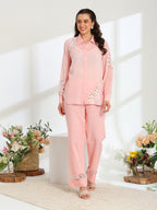 Pink Rose Garden Hand Embroidered French lace Mul Linen Co-ord Set