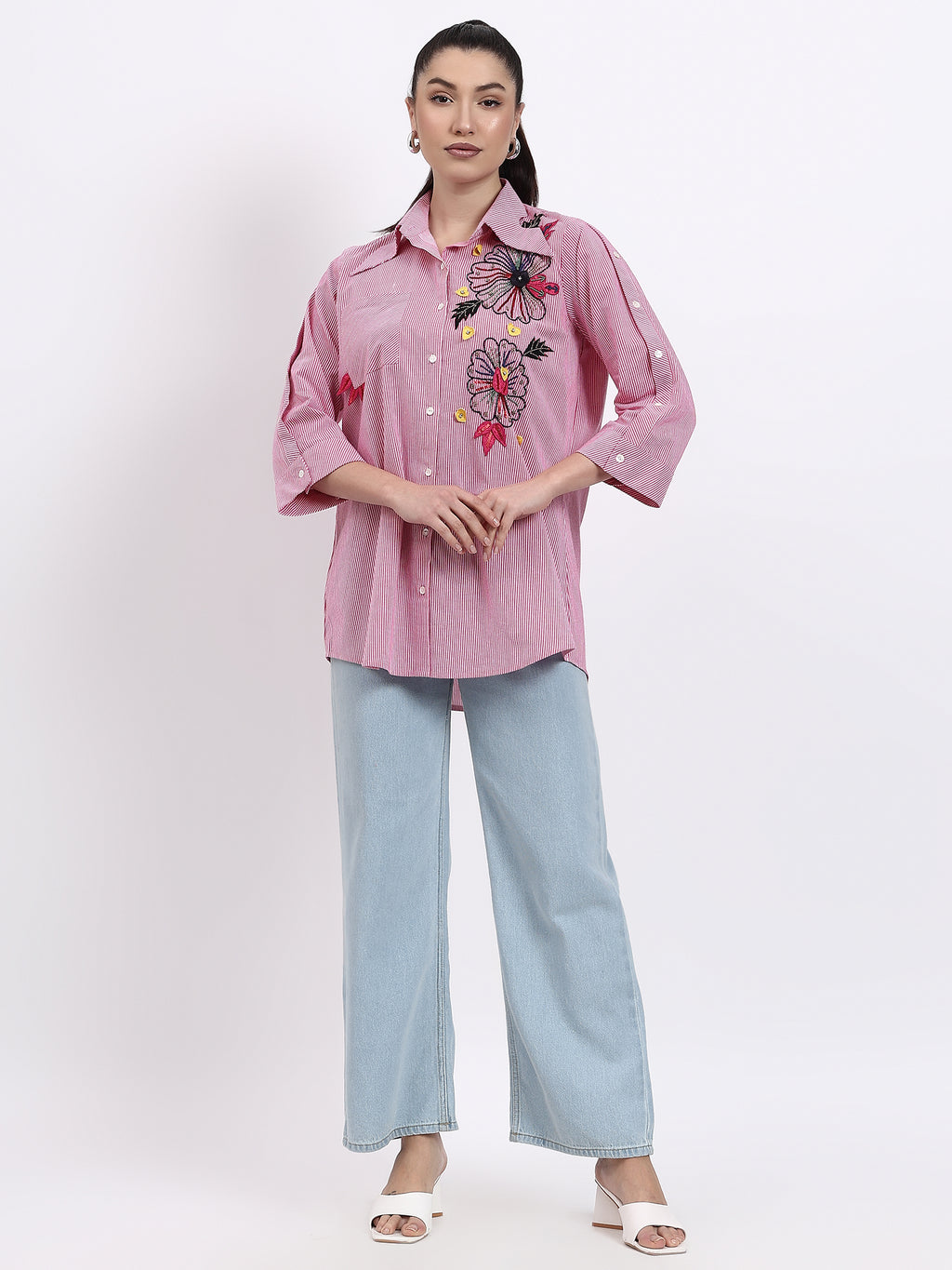 Pink stripes embroidered shirt