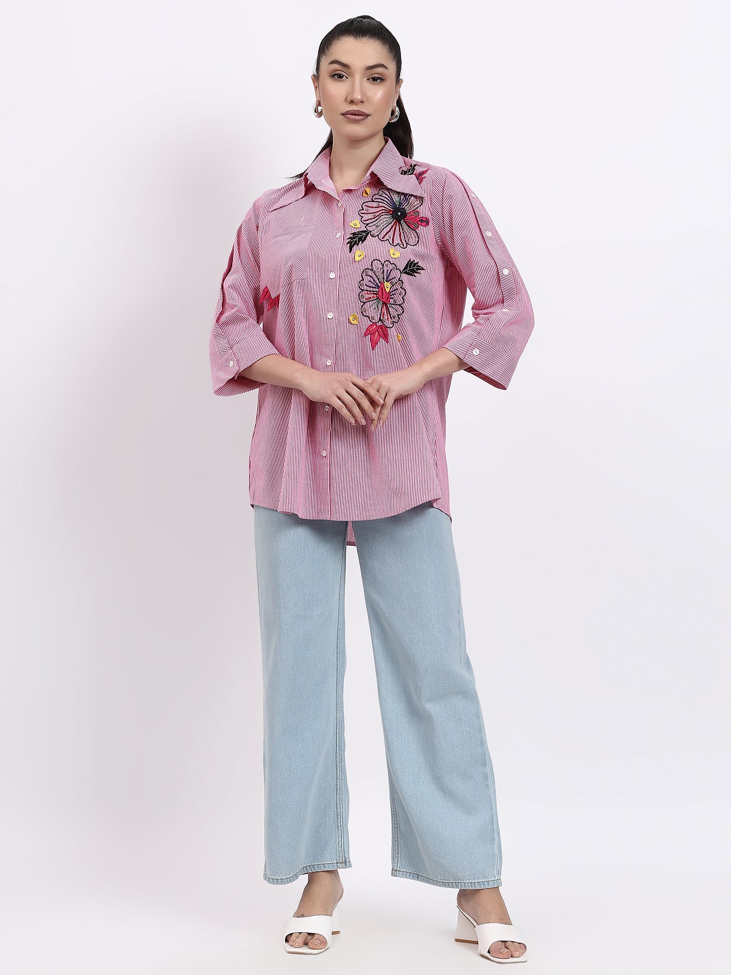 Pink stripes embroidered shirt