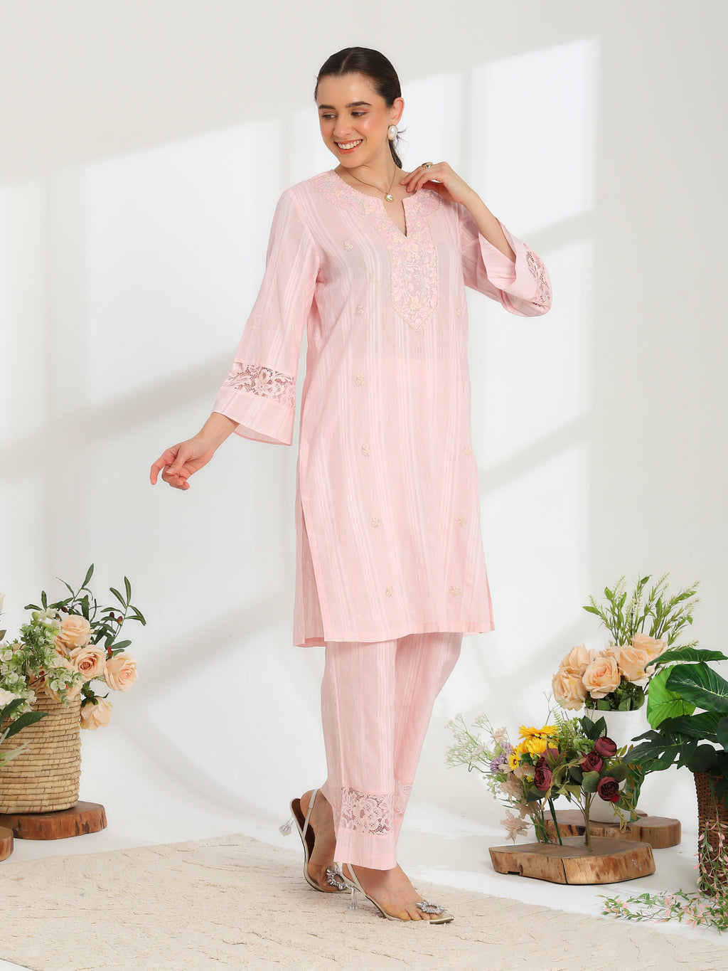 Silvaire Rose Hand Embroidered French lace  cotton lurex Kurta set