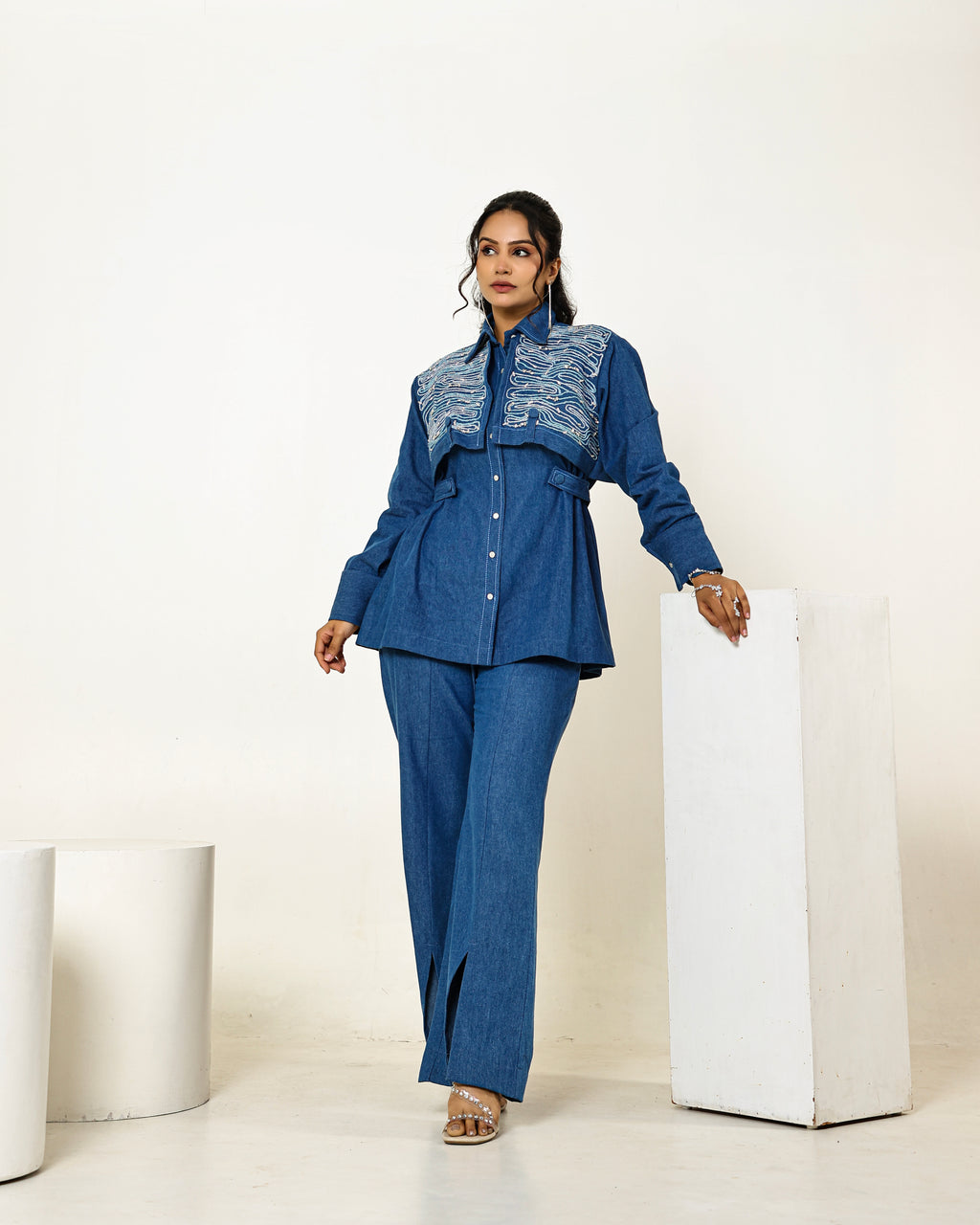 THE DARK DENIM FLAP EMBELLISHED A-LINE SHIRT WITH HIGH WAISTED FRONT SLIT PANTS