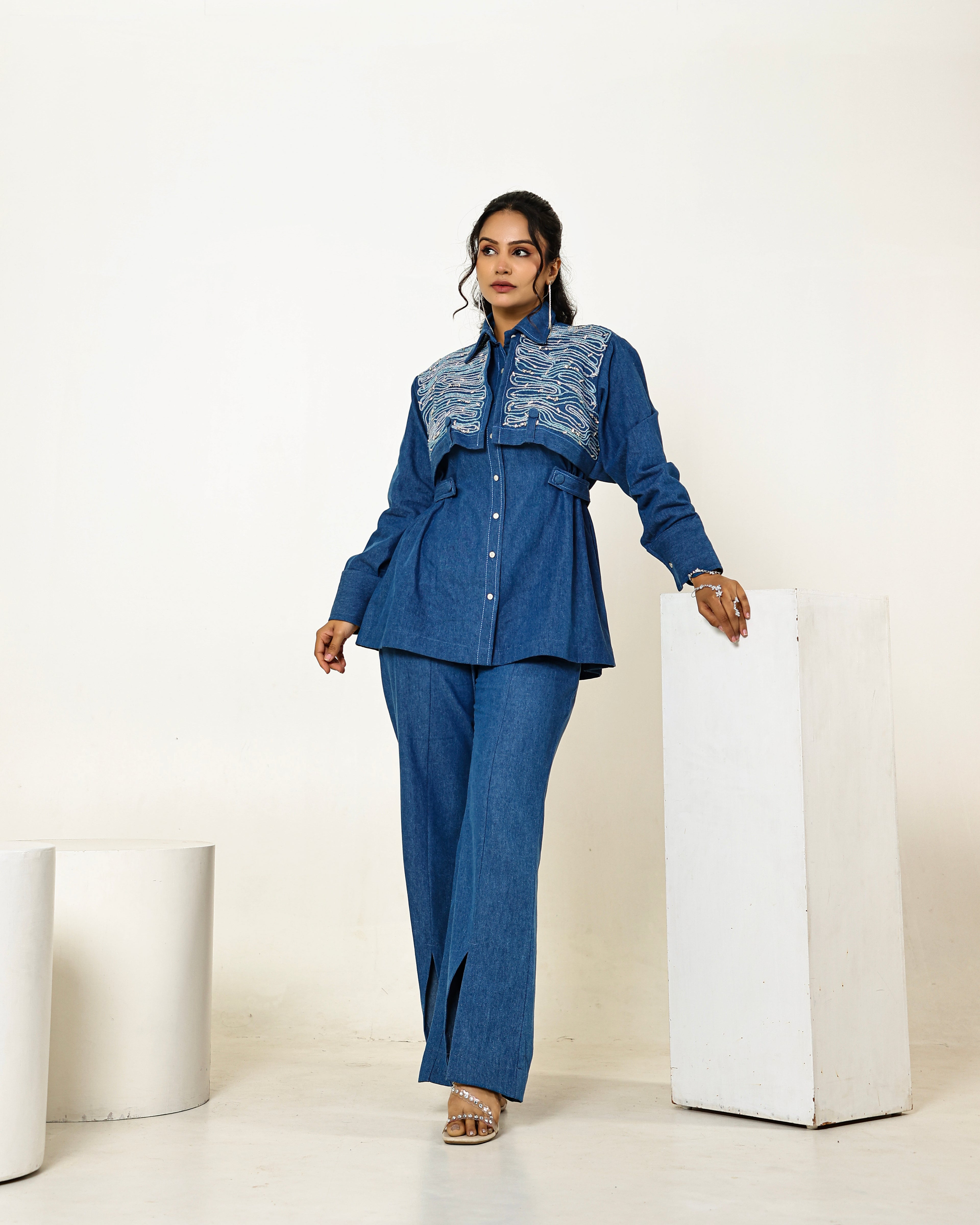 THE DARK DENIM FLAP EMBELLISHED A-LINE SHIRT WITH HIGH WAISTED FRONT SLIT PANTS