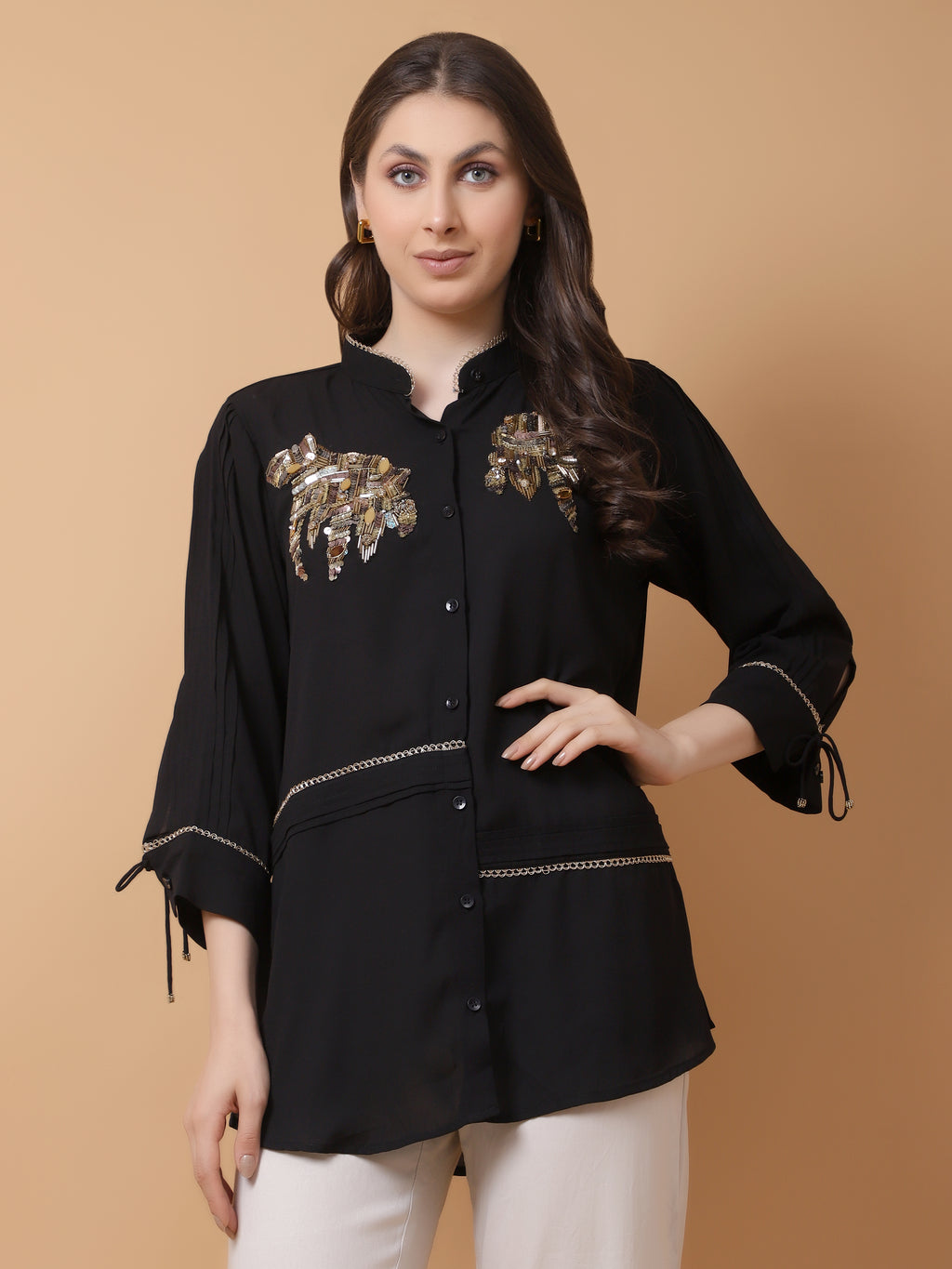 Black Georgette Embroidered Shirt