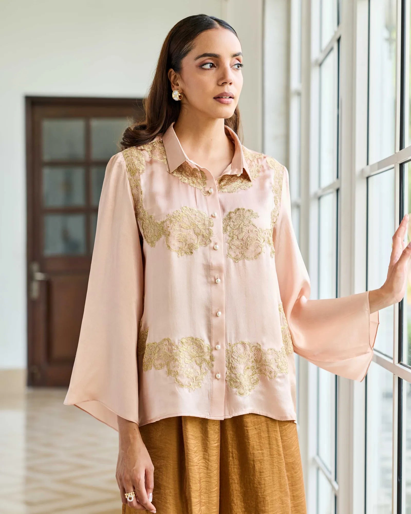 Rosette Mist Dusty Pink Symmetrical Lace Appliqué Satin Silk Shirt