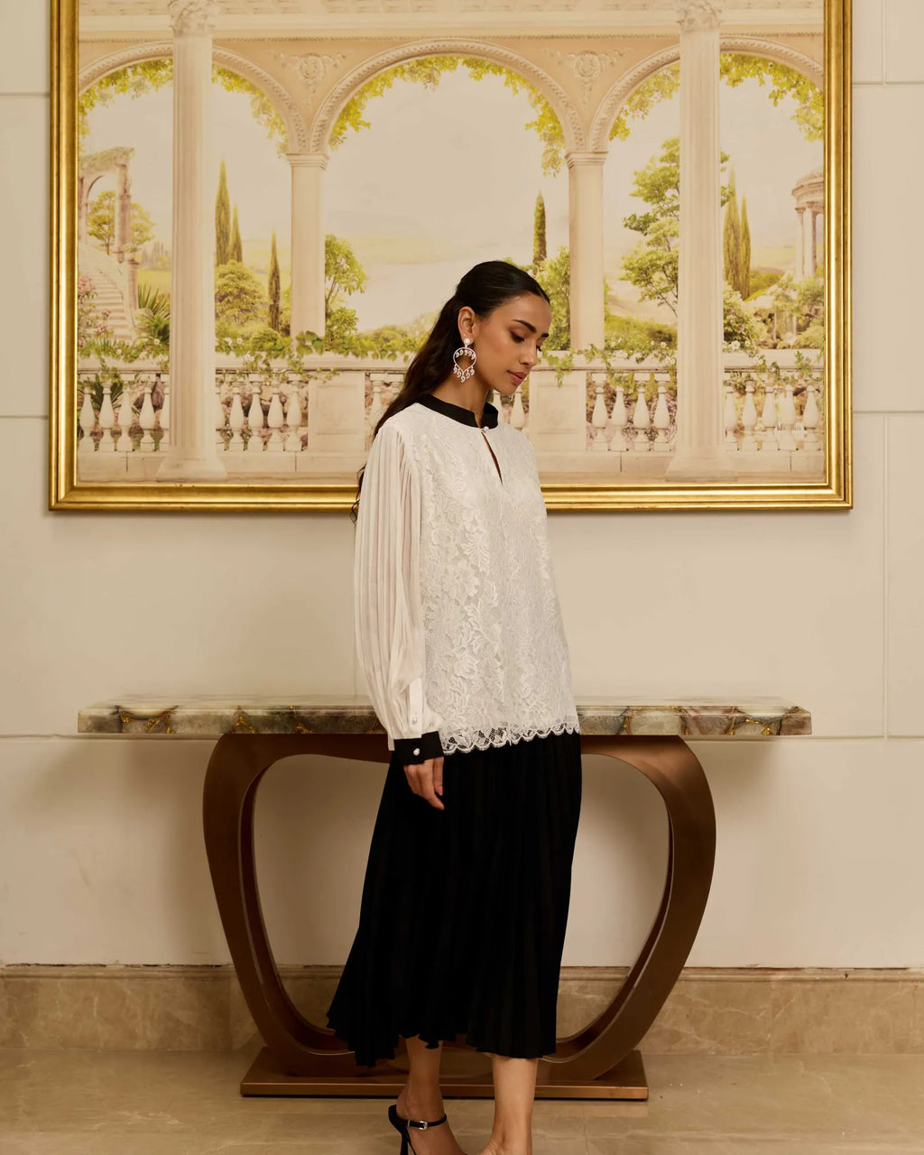 Celestia White French Lace Chiffon Blouse