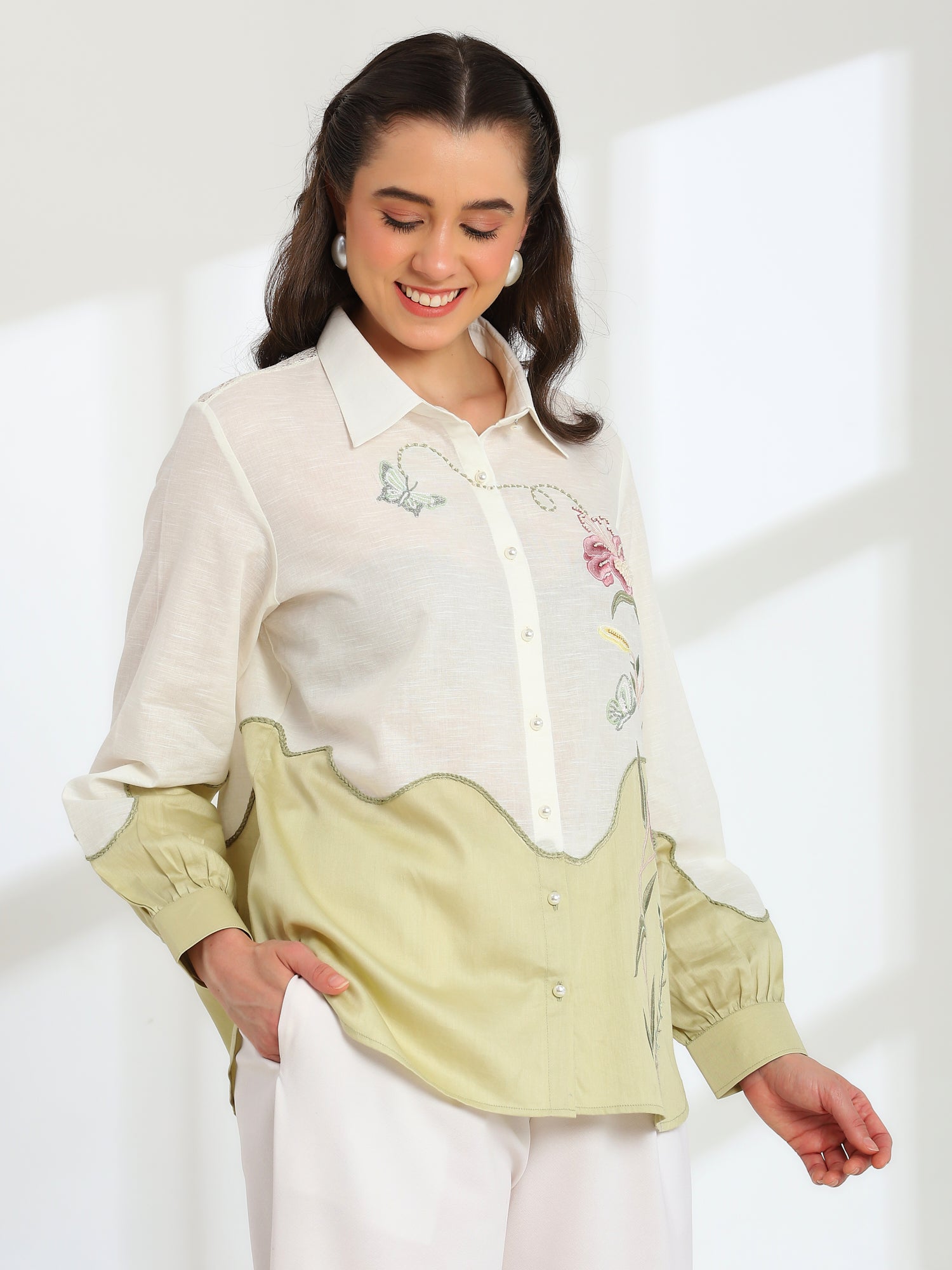 Ether Sage Green Embroidered French lace Silk Linen Shirt