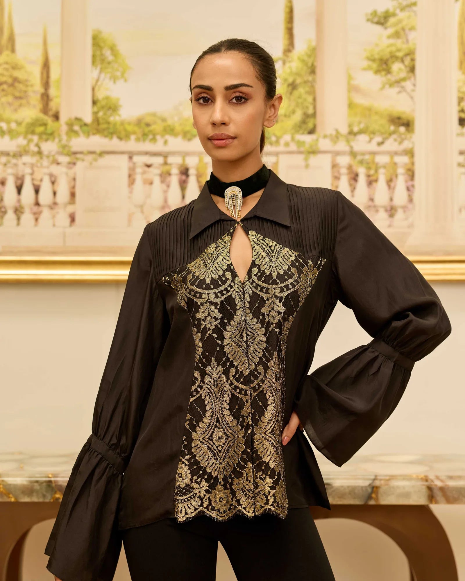 Gilded Legacy Black Habotai Silk Shirt with French Lace Panels - Dareiss