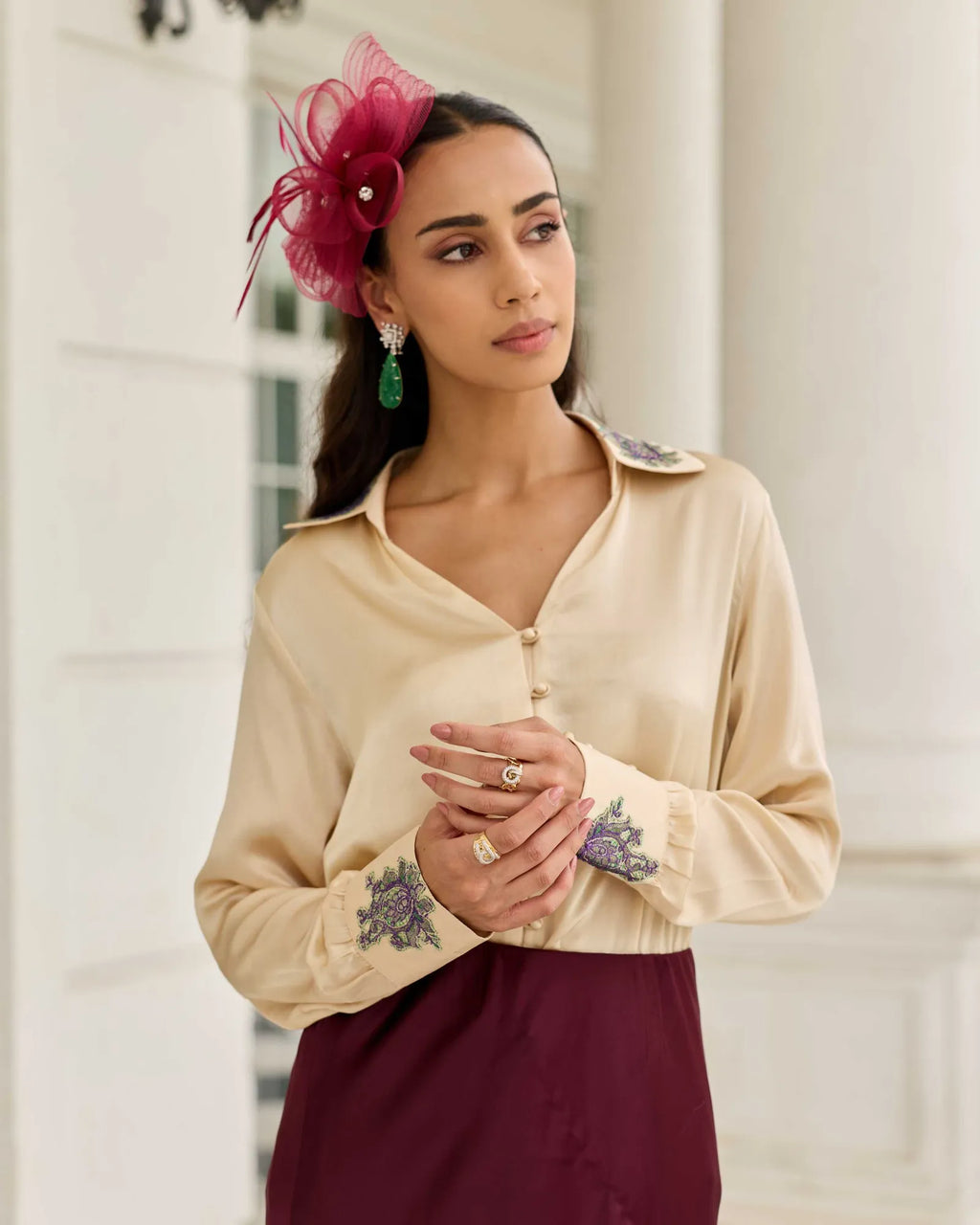 Silken Promise Beige Lace Accented Potli Button Satin Silk Top