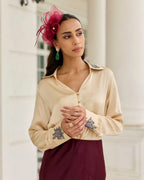 Silken Promise Beige Lace Accented Potli Button Satin Silk Top