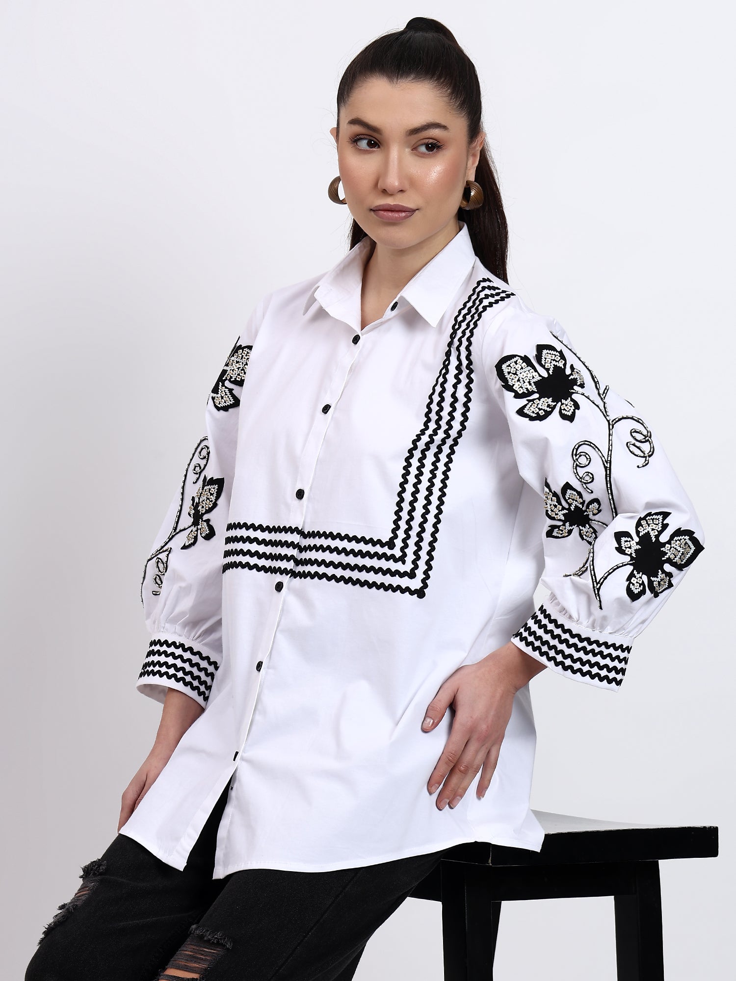 White Ric Rac Embroidered Shirt