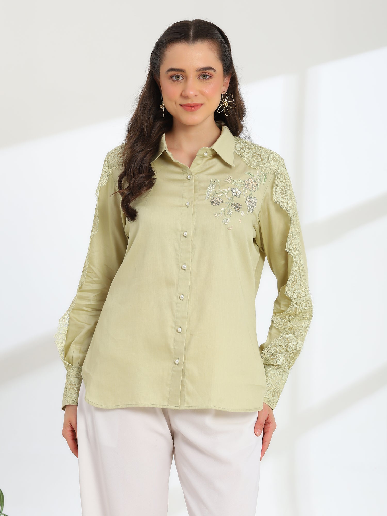 Soft Fern Hand Embroidered French lace Glazed Cotton Shirt