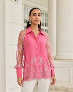 Fuchsia Duchess Pink Hand Embellished French Lace Habotai Silk Shirt - Dareiss