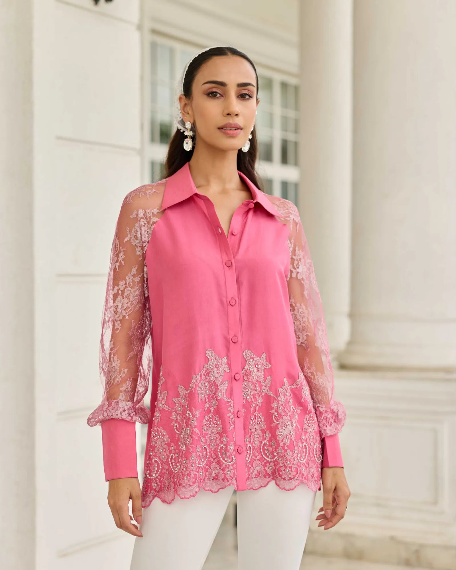 Fuchsia Duchess Pink Hand Embellished French Lace Habotai Silk Shirt - Dareiss