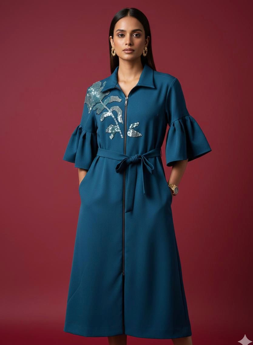 Teal Green Embroidered Zip Dress