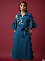Teal Green Embroidered Zip Dress