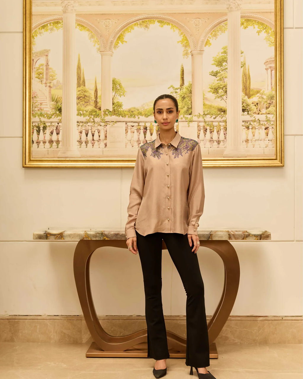 Love-Worn Gold Fondant French Lace Habotai Silk Shirt