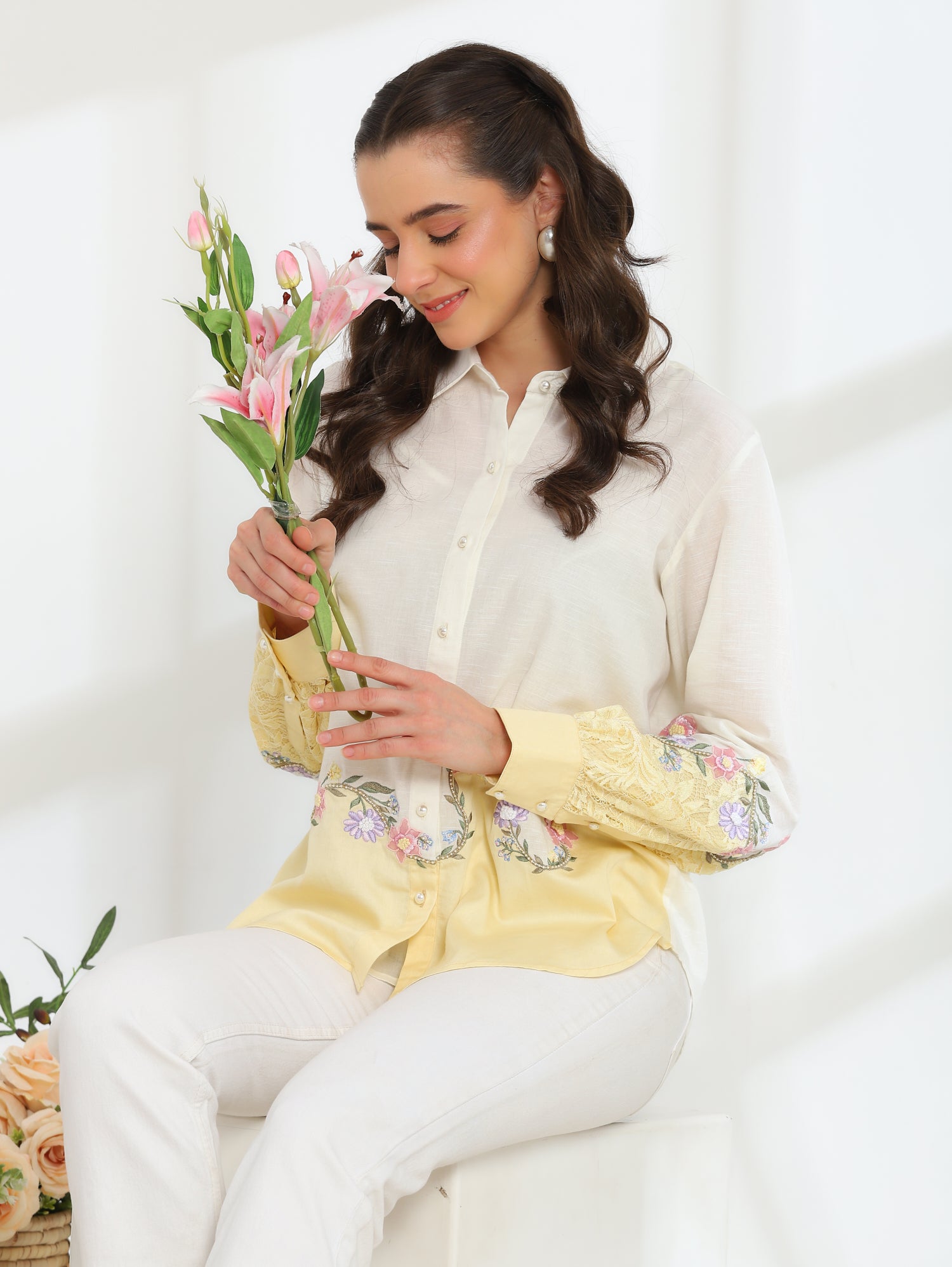 Sunlit  Yellow Garden Embroidered French lace Silk Linen Shirt