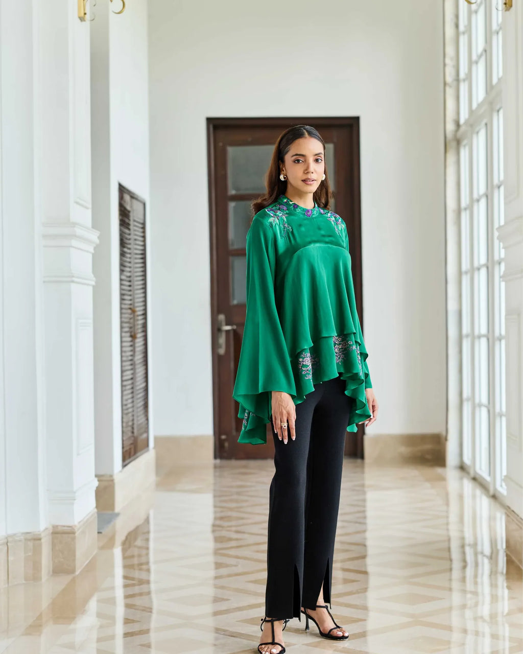 Emerald Oath Hand Embroidered French Lace Crepe Top